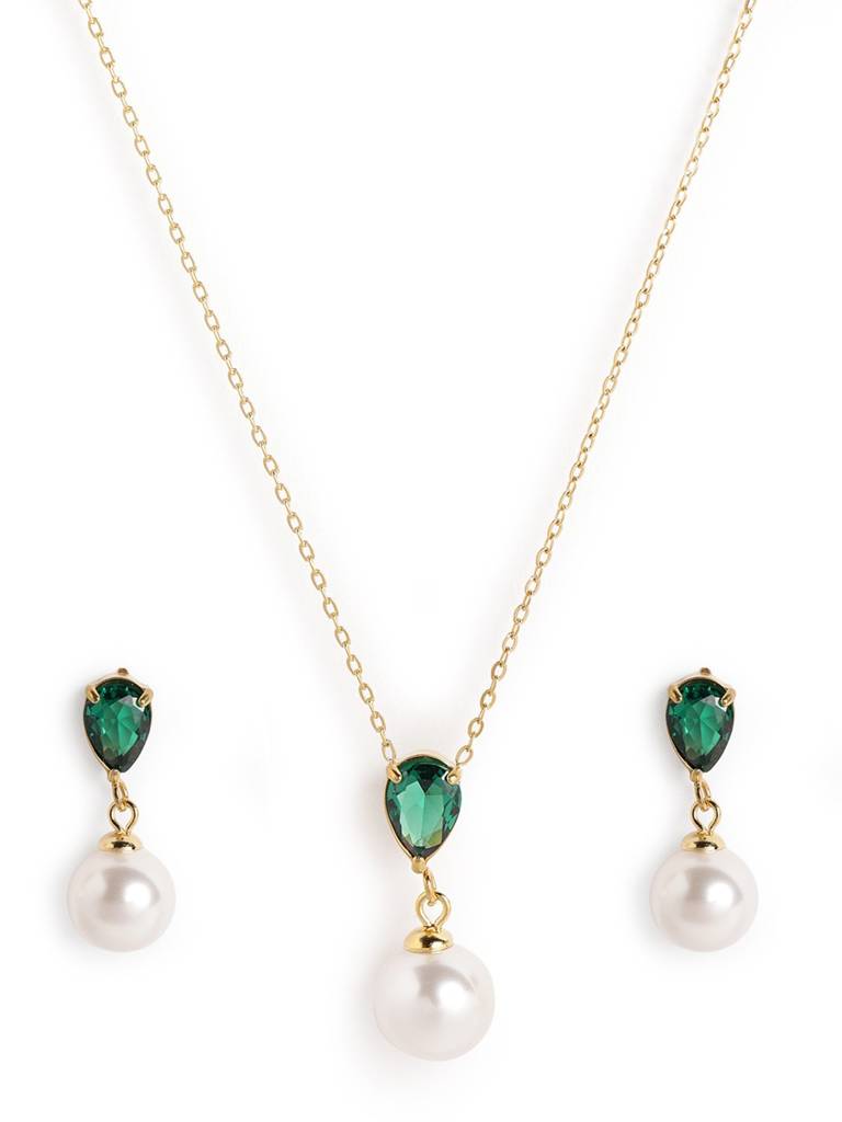 18Kt Gold Plated Cz Pearl Necklace And Drop Earring Set : FJS5569