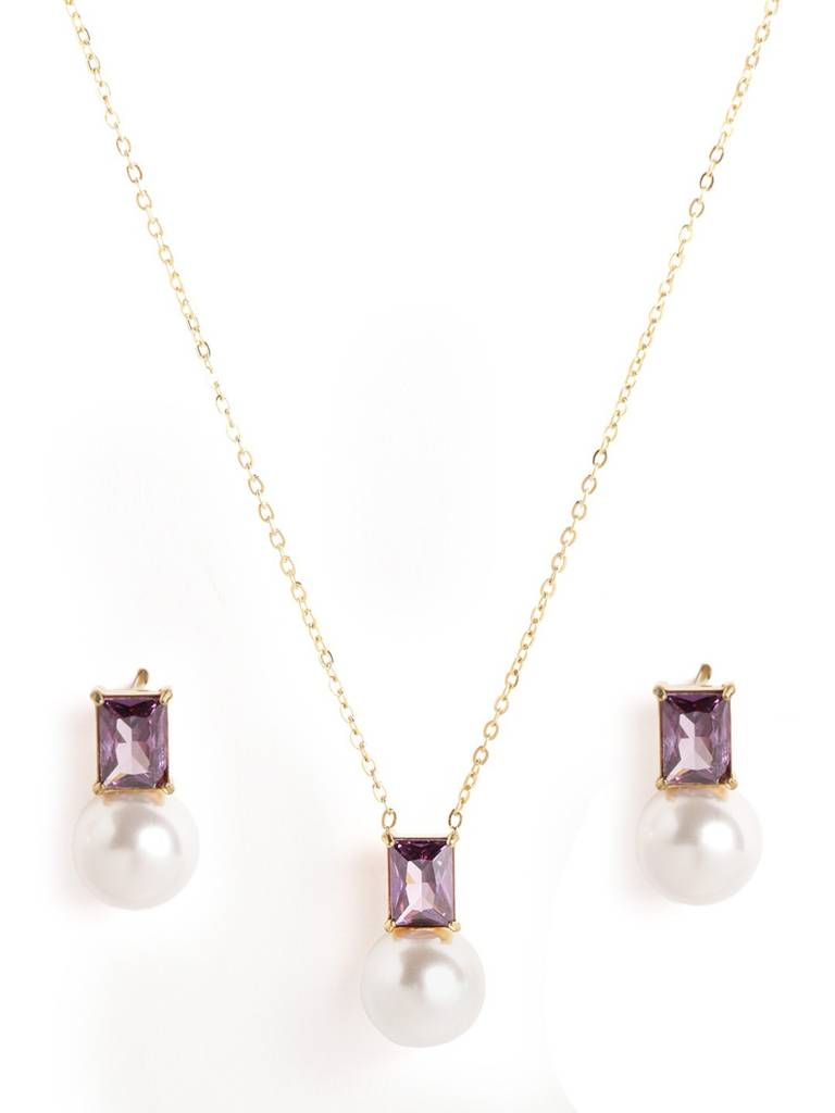 18Kt Gold Plated Lavender Cz Pearl Necklace And Drop Earring Set : FJS5570