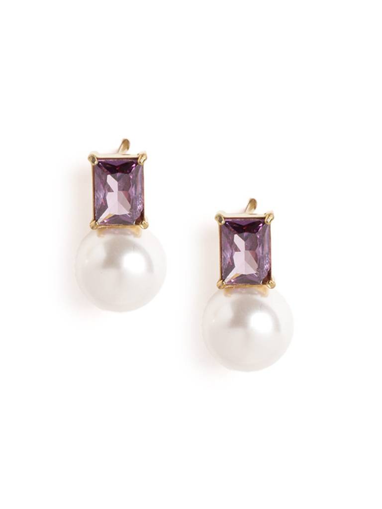 18Kt Gold Plated Lavender Cz Pearl Necklace And Drop Earring Set : FJS5570