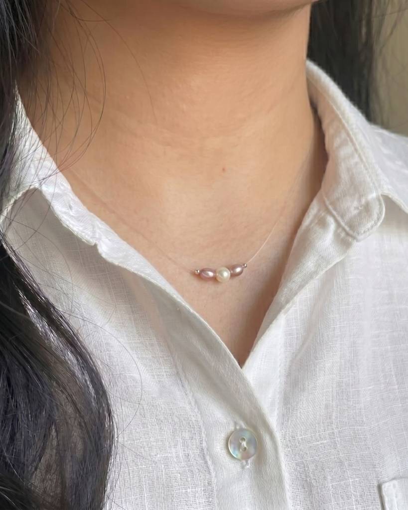 MinniM Sterling Silver Pink White Dainty Freshwater Pearl Floating 