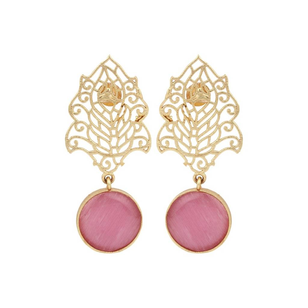Gold Filigree Stone Drop Earrings : S24JJER210PNK