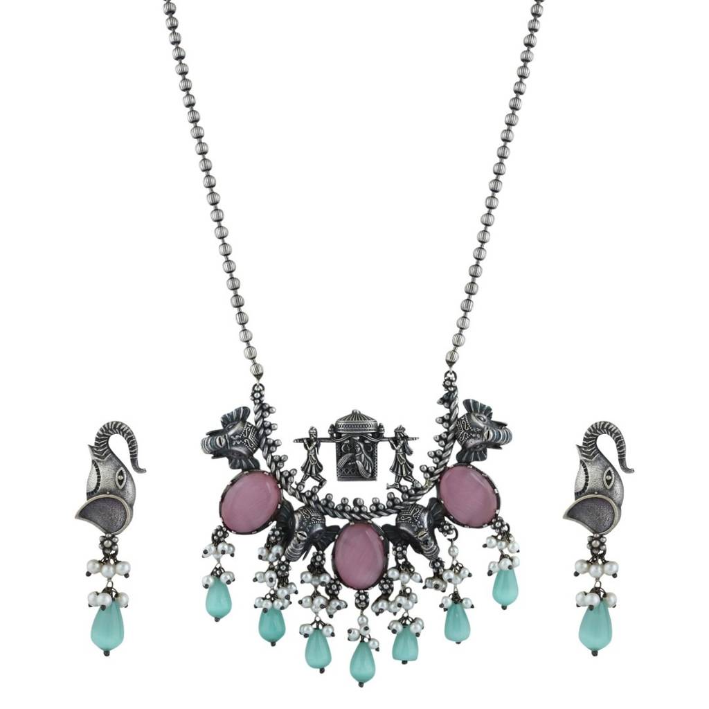 Tribal Elephant Motif Oxidised Necklace Set : F23ARER133SLV