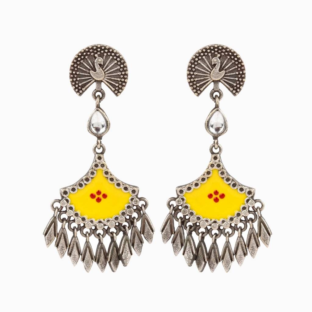 Silver Oxidised Finish Hand Painted Drop Earring : S24DJER314YLW