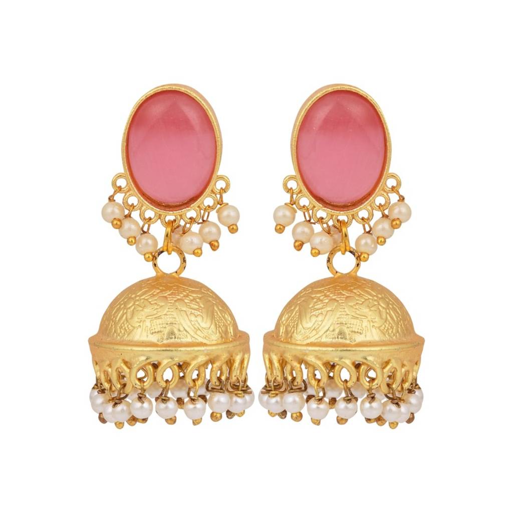 Gold Finish Pearl Dome Jhumka Earrings : S24JJER211PNK