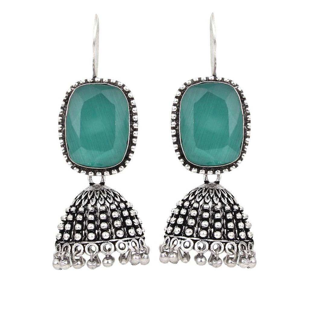 Oxidised Silver Cabochon Jhumka Drops : F23MHER014MNT