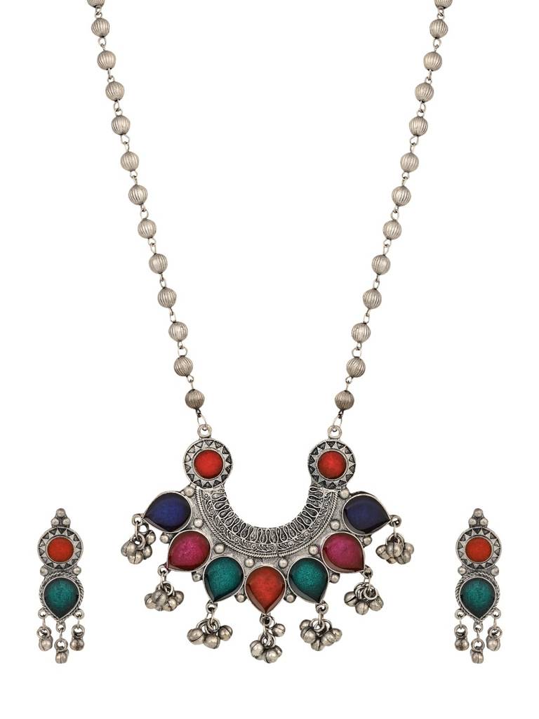 Silver Oxydised Finish Crescent Pendant Necklace Set : S24MRNS308MLT