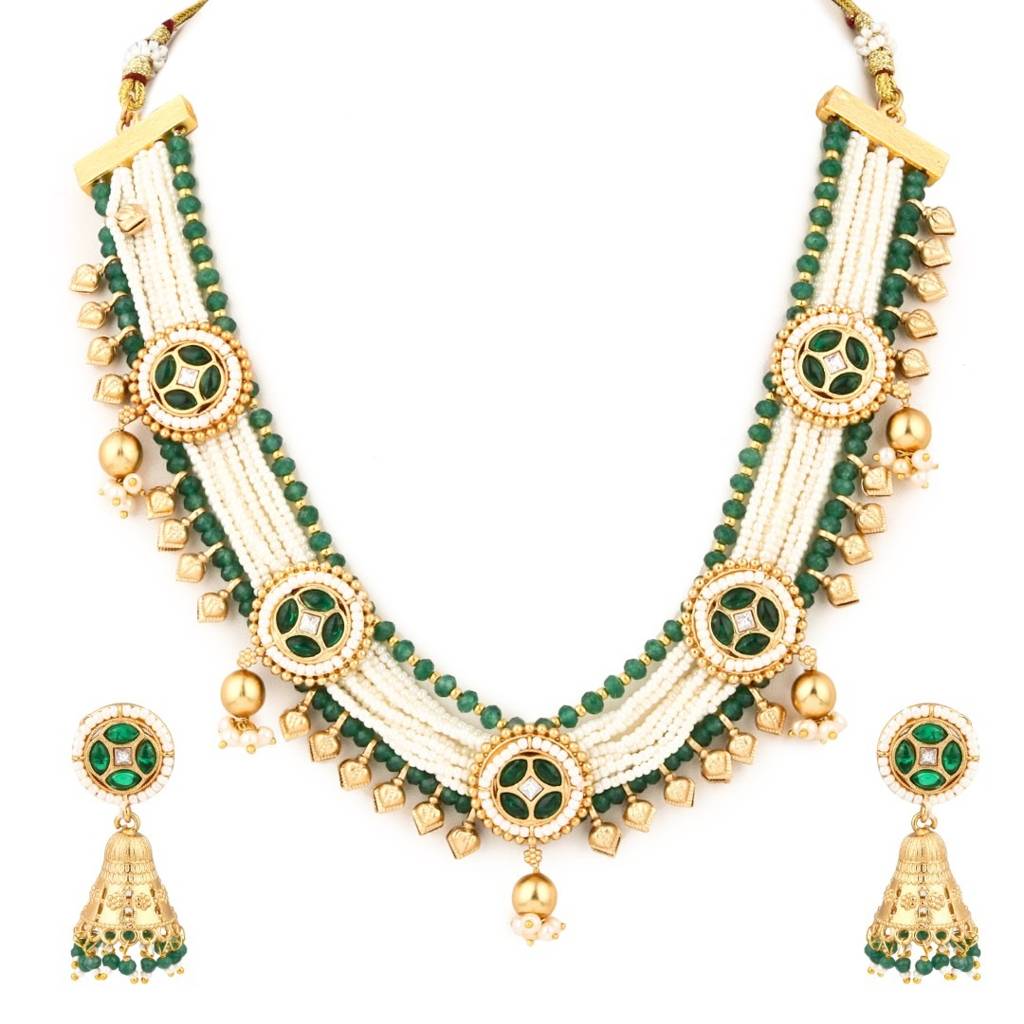 Gold Plated,Beads & Brass Necklace & Earring Set : S24AJNKS359GRN