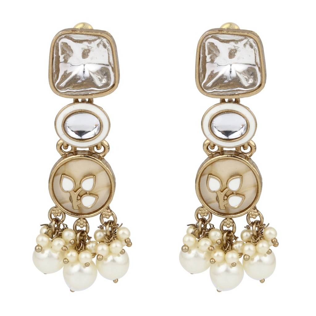 Meenakari & Kundan Drop Earring Gold & White : S24FAER372GLD