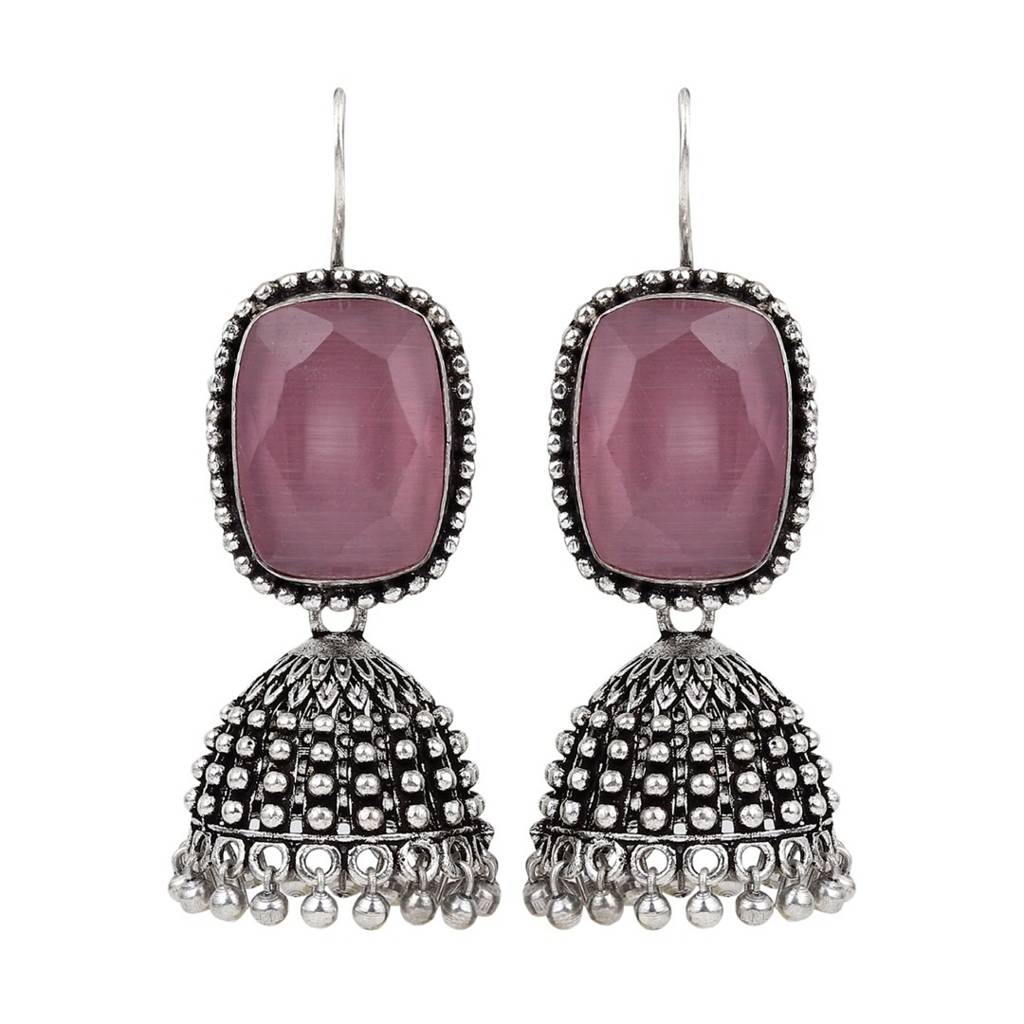 Oxidised Silver Cabochon Jhumka Drops : F23MHER014PNK
