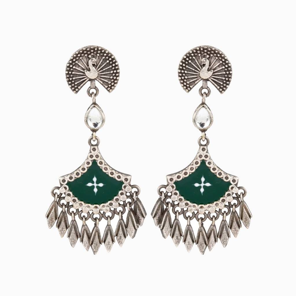 Silver Oxidised Finish Hand Painted Drop Earring : S24DJER314GRN