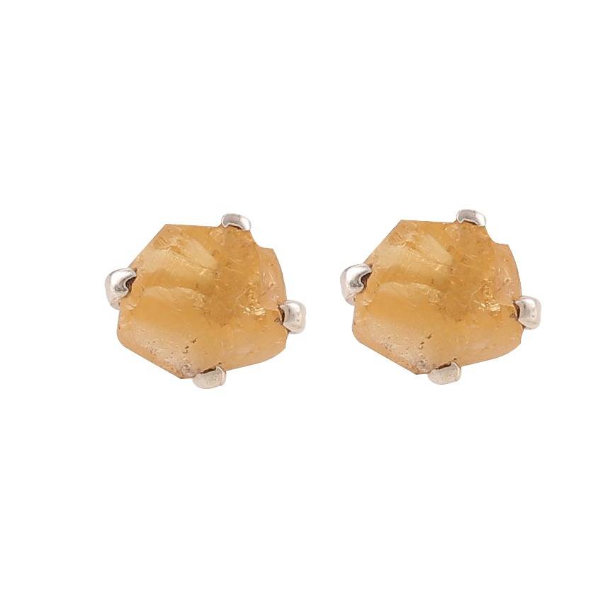 925 Silver Natural Citrine Raw Crystal Earrings Uncut Gemstone Studs In Sterling Silver For Women, Healing Stone J : FU-0116-3