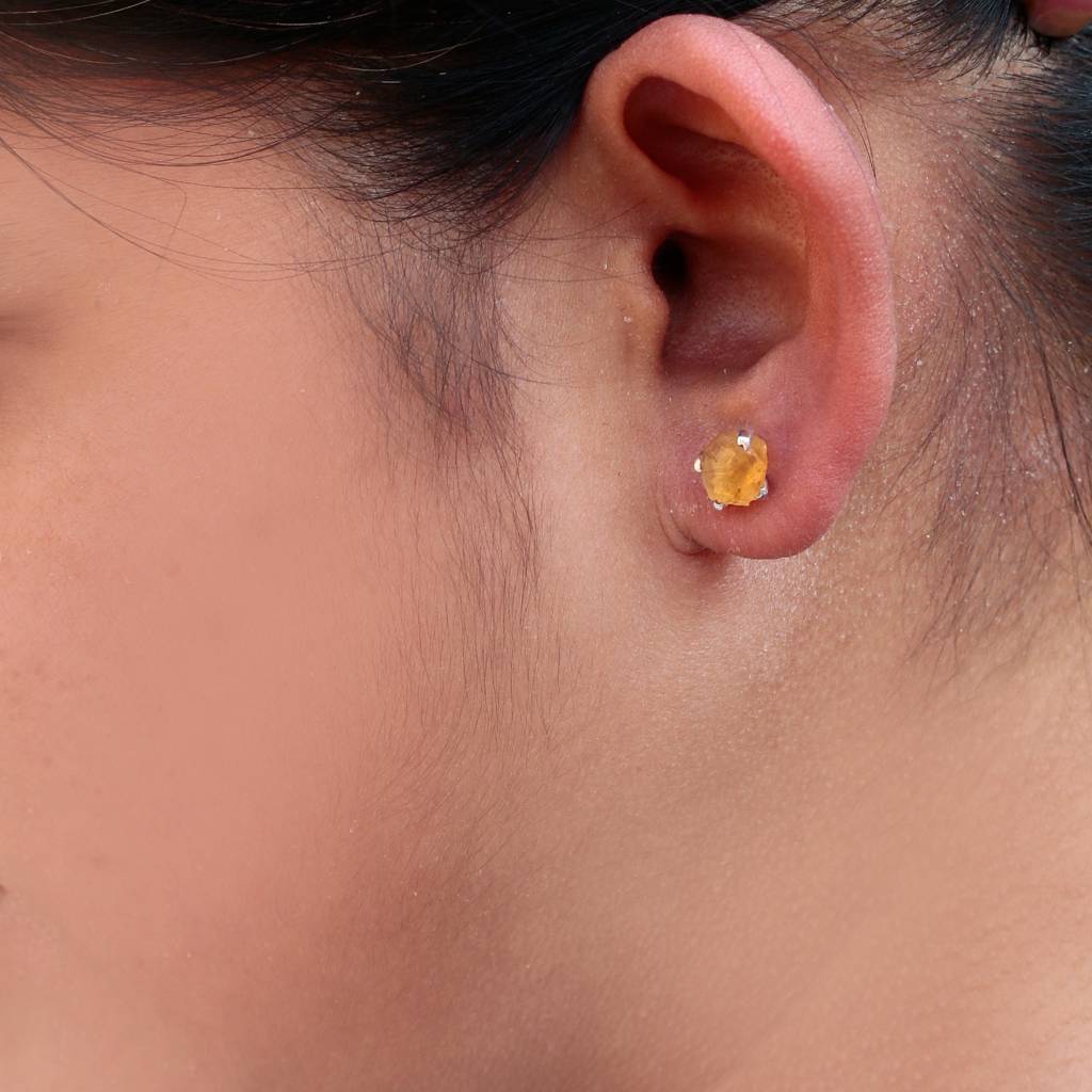 925 Silver Natural Citrine Raw Crystal Earrings Uncut Gemstone Studs In Sterling Silver For Women, Healing Stone J : FU-0116-3