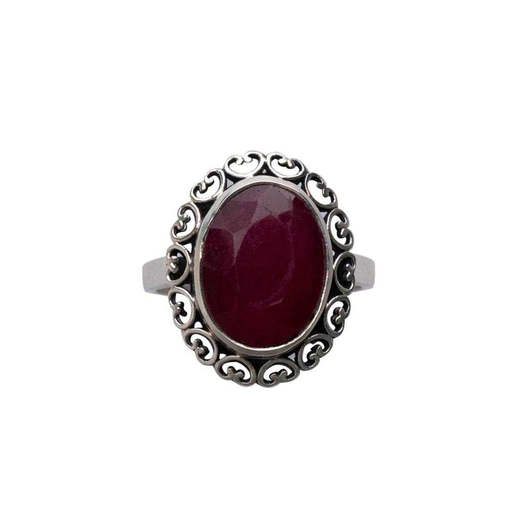 925 Vintage Sterling Silver Ring With Oval Ruby Gemstone, Intricate Detailing, Elegant Statement Jewelry For Women,  : FU-0136
