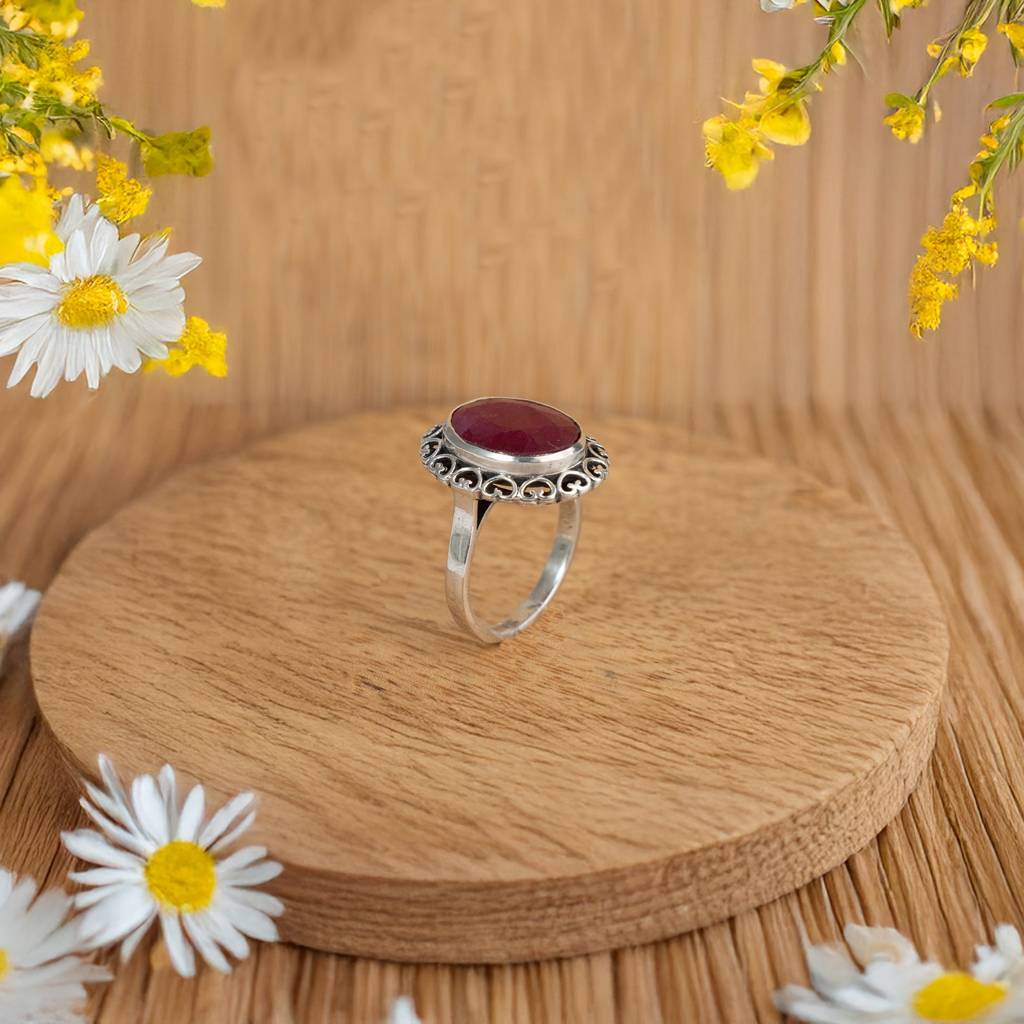 925 Vintage Sterling Silver Ring With Oval Ruby Gemstone, Intricate Detailing, Elegant Statement Jewelry For Women,  : FU-0136