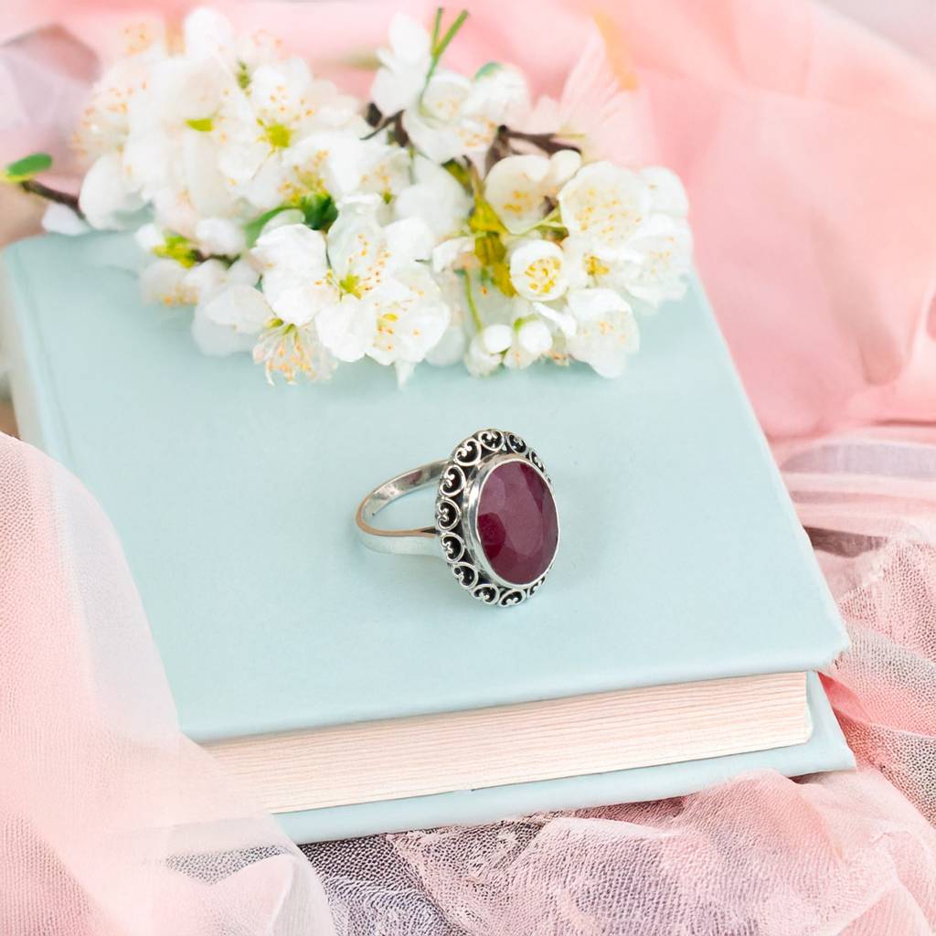925 Vintage Sterling Silver Ring With Oval Ruby Gemstone, Intricate Detailing, Elegant Statement Jewelry For Women,  : FU-0136