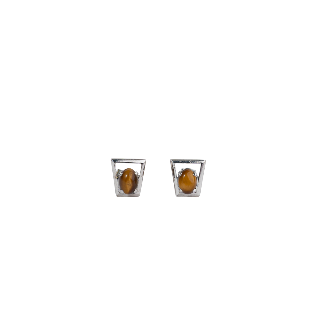925 Sterling Silver Tiger Eye Eartops For Women | Natural Brown Gemstone Stud Earrings | Rhodium Finish Silver Jewelry : FU-0146