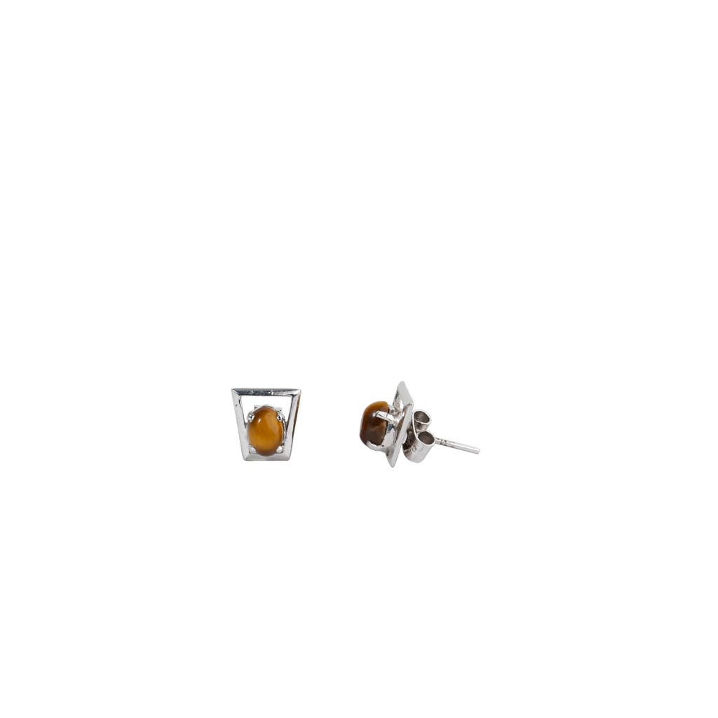 925 Sterling Silver Tiger Eye Eartops For Women | Natural Brown Gemstone Stud Earrings | Rhodium Finish Silver Jewelry : FU-0146