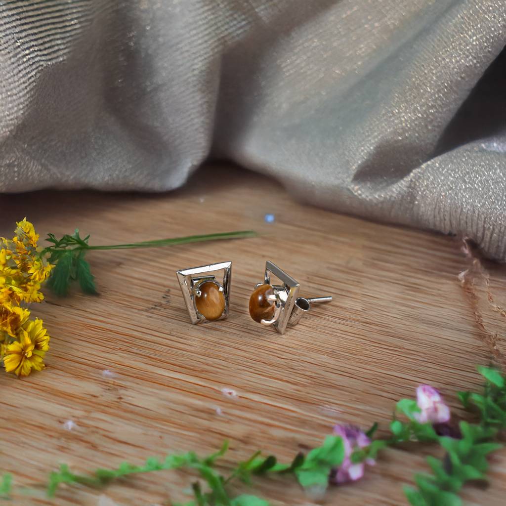 925 Sterling Silver Tiger Eye Eartops For Women | Natural Brown Gemstone Stud Earrings | Rhodium Finish Silver Jewelry : FU-0146