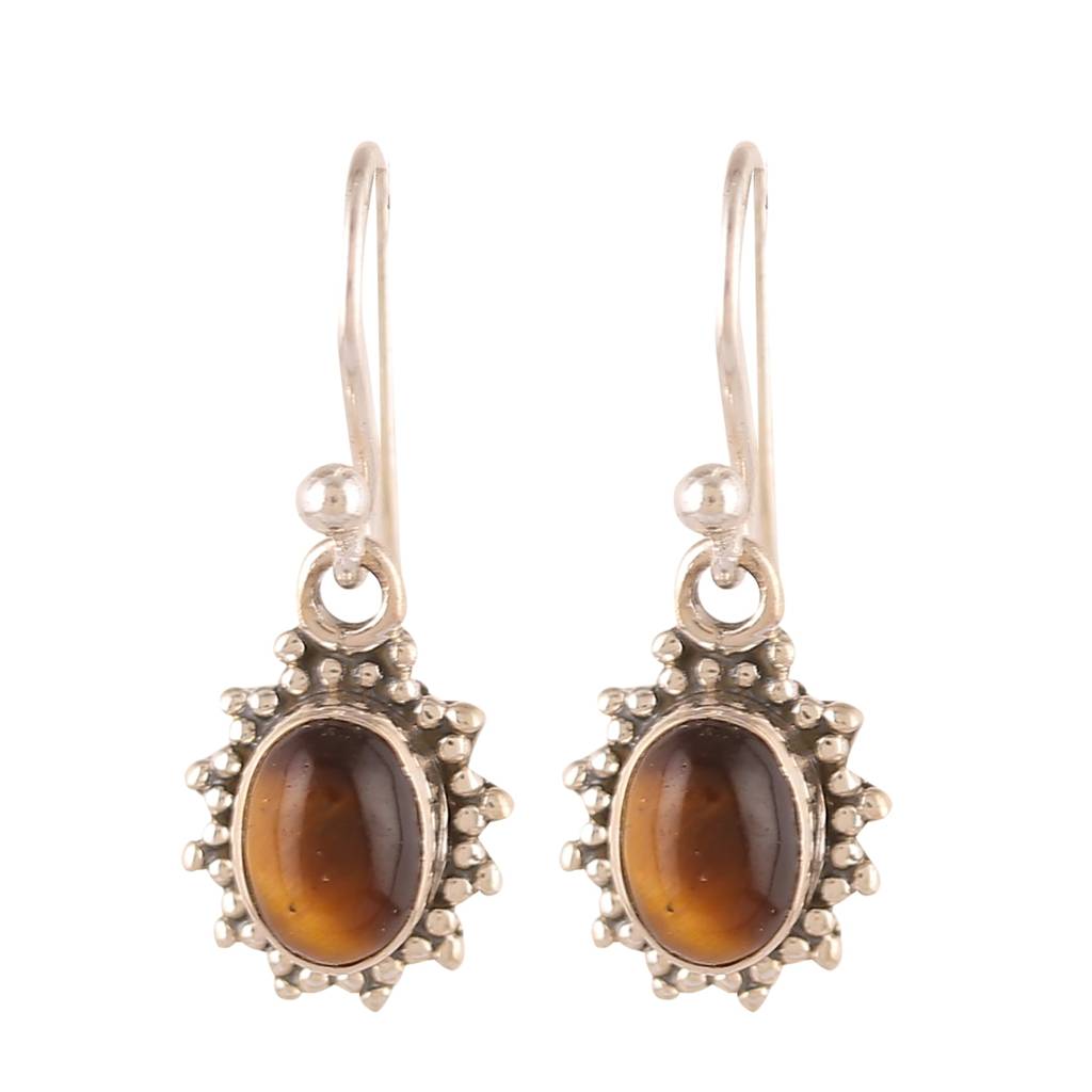 925 Sterling Silver Tiger Eye Earrings For Women Natural Stone Jewelry : FU-0152-6