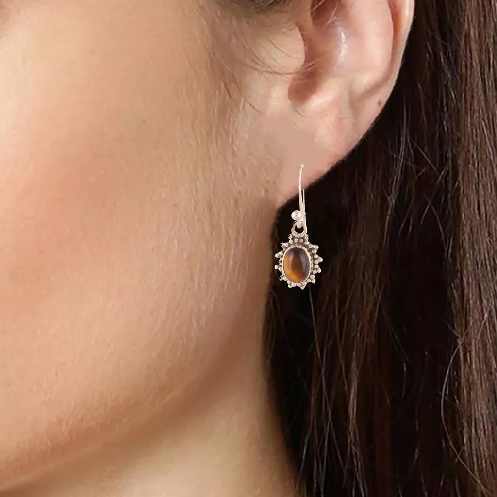 925 Sterling Silver Tiger Eye Earrings For Women Natural Stone Jewelry : FU-0152-6