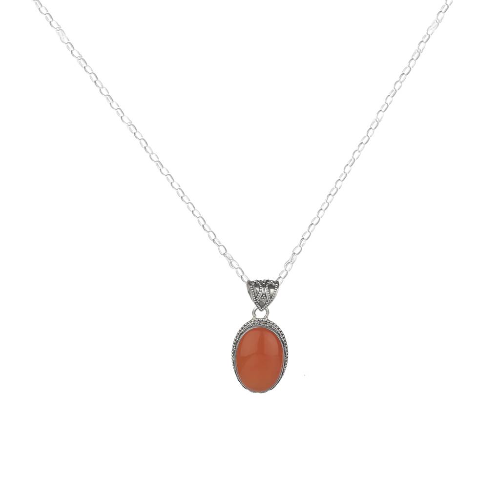 925 Silver Carnelian Pendant With 18In Chain For Women | Natural Orange Gemstone Jewelry | Daily Wear & Gift : FU-0589-C