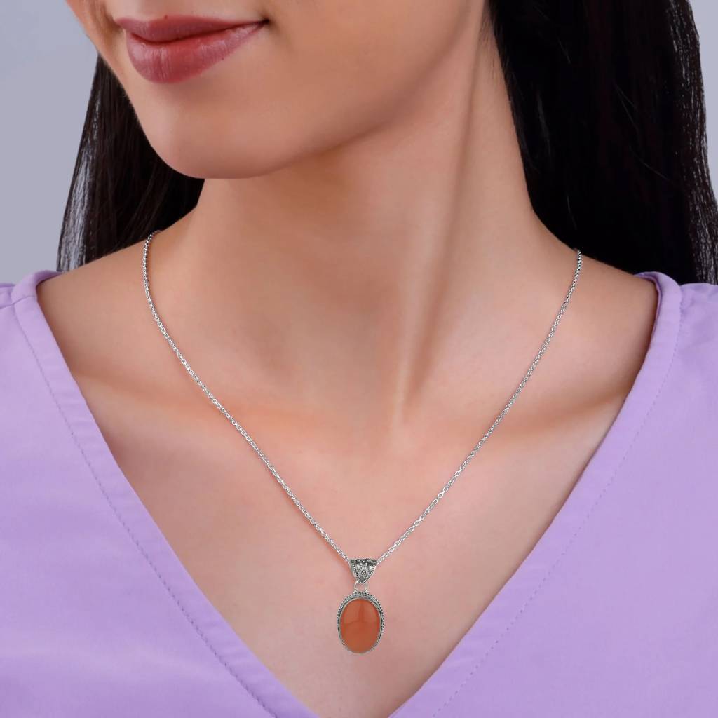 925 Silver Carnelian Pendant With 18In Chain For Women | Natural Orange Gemstone Jewelry | Daily Wear & Gift : FU-0589-C