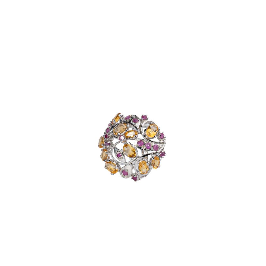 925 Sterling Silver Luxury Citrine And Ruby Ring - Unique Design, Statement Jewelry For Women : FU-0085