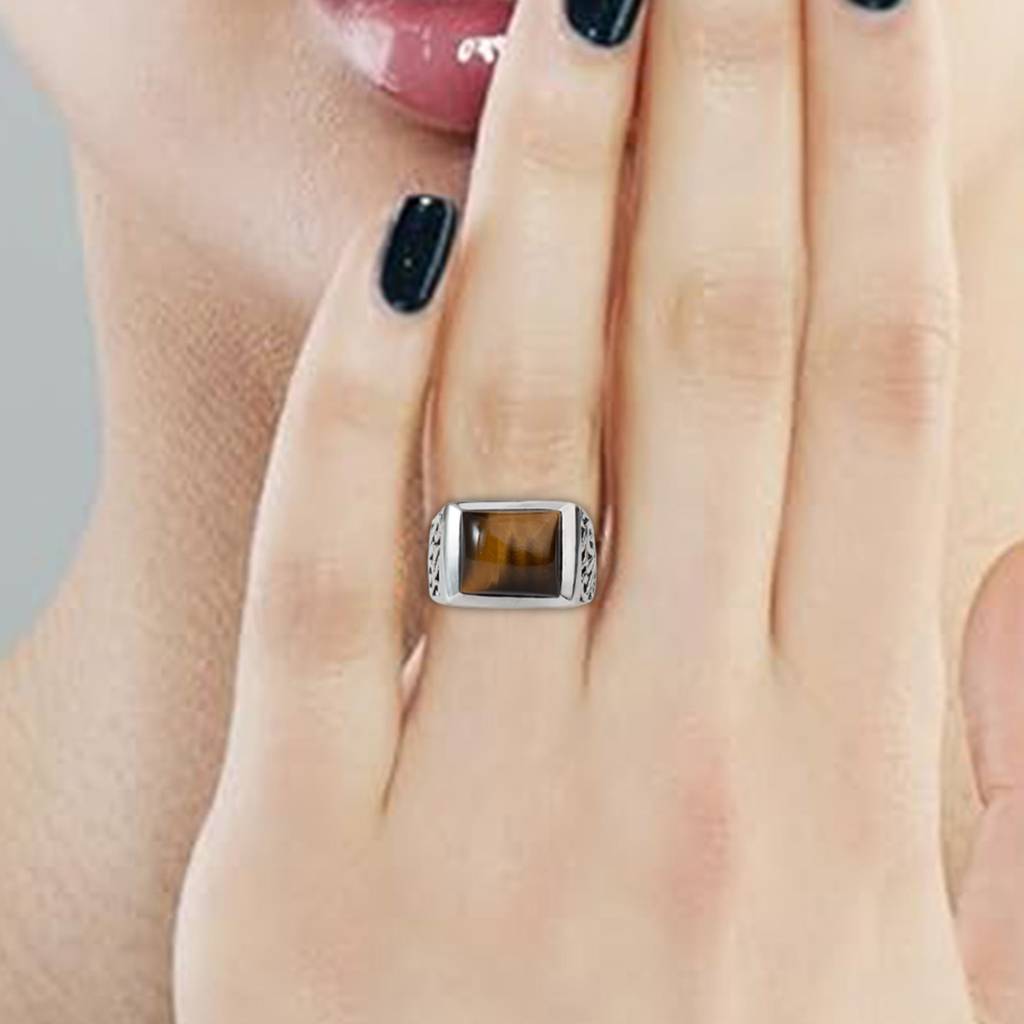 925 Silver Tiger Eye Sterling Silver Ring Bold Natural Gemstone, Unique Design, Perfect Statement Jewelry : FU-0094
