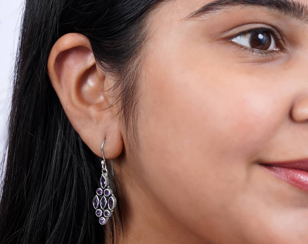 925 Sterling Silver Amethyst Earrings For Women | Authentic Silver Jewelry | Handcrafted Elegant Gift : FU-0965