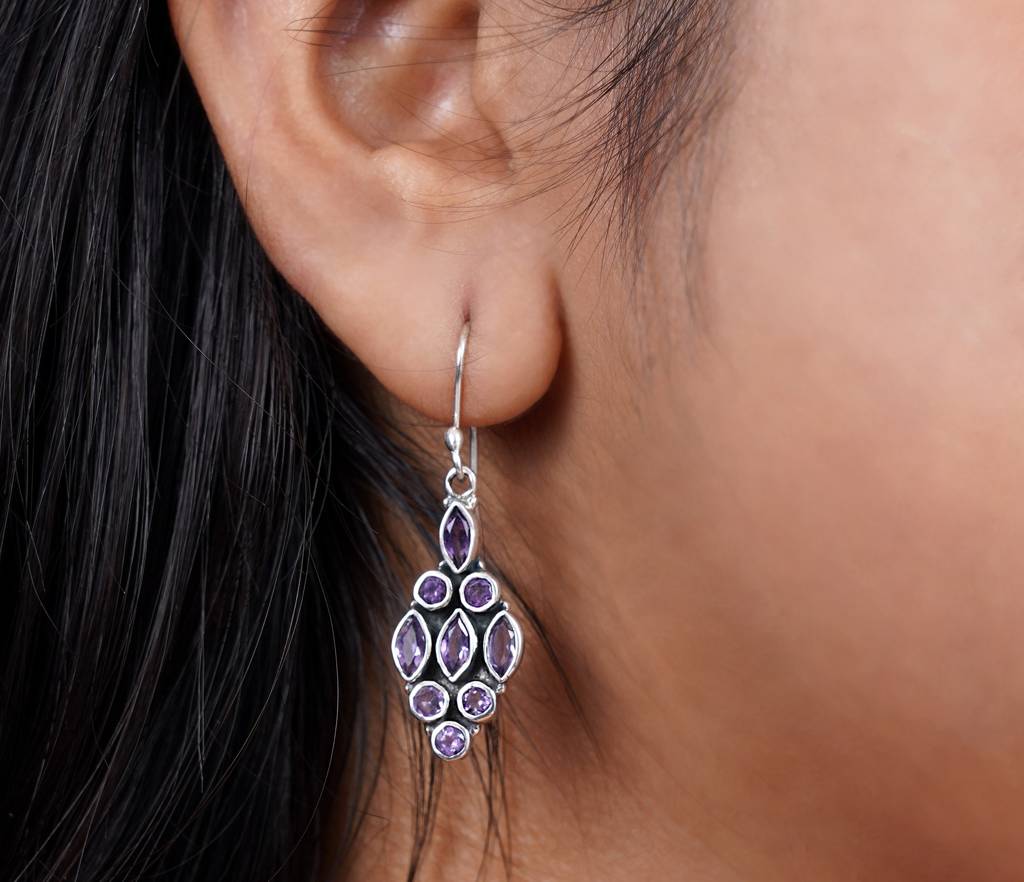 925 Sterling Silver Amethyst Earrings For Women | Authentic Silver Jewelry | Handcrafted Elegant Gift : FU-0965