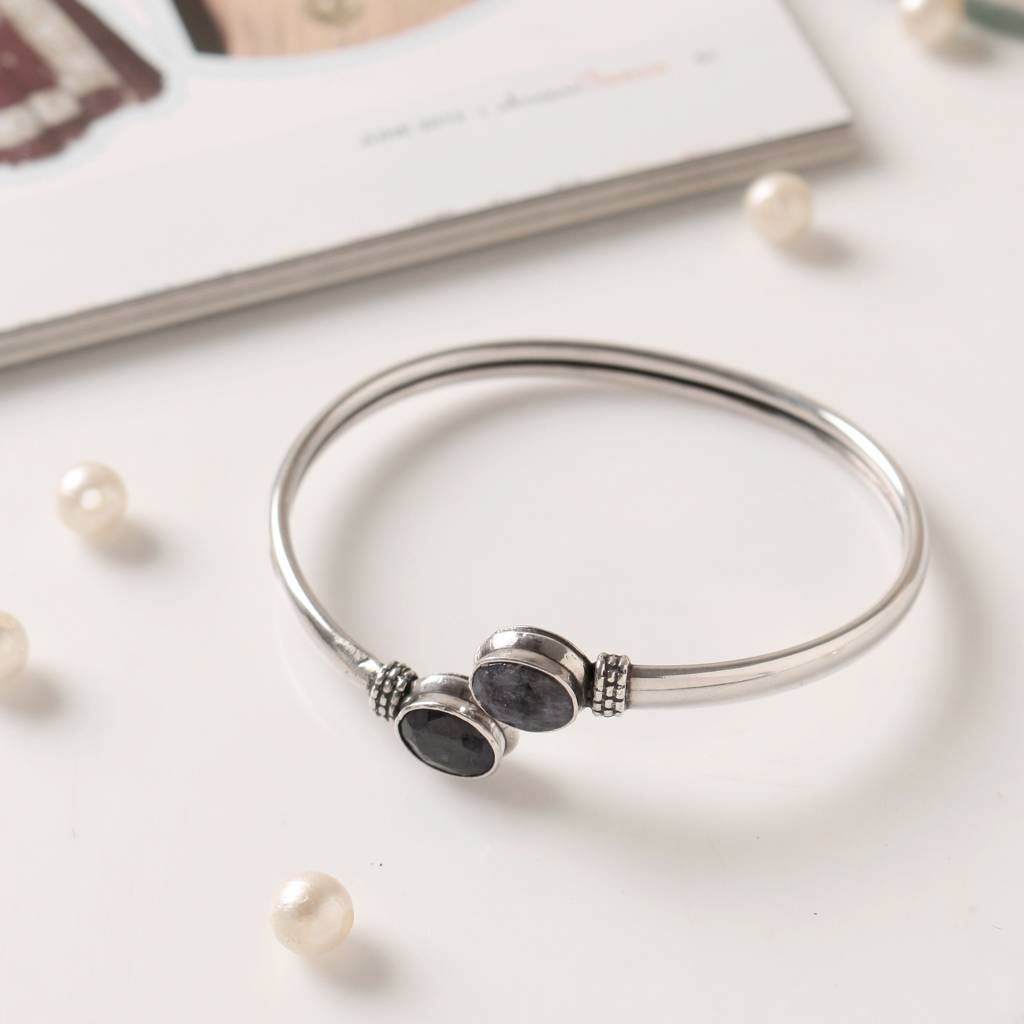 925 Sterling Silver Blue Sapphire Bangle | Elegant Gemstone Jewelry For Women | Royal Blue Stone Bracelet : FU-0981