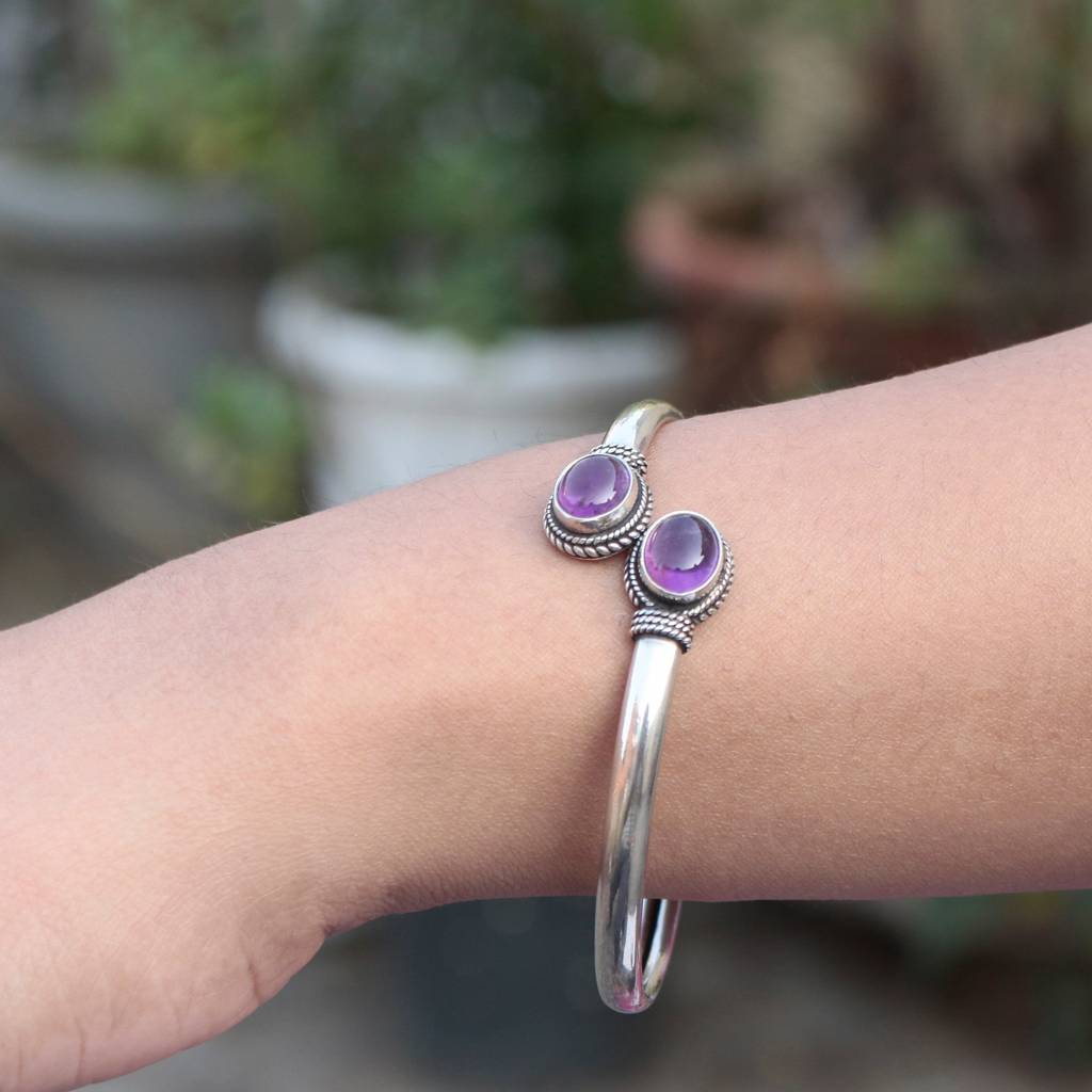 925  Sterling Silver Amethyst Bangle For Women | Natural Purple Gemstone Jewelry | Healing Crystal Bracelet : FU-0983