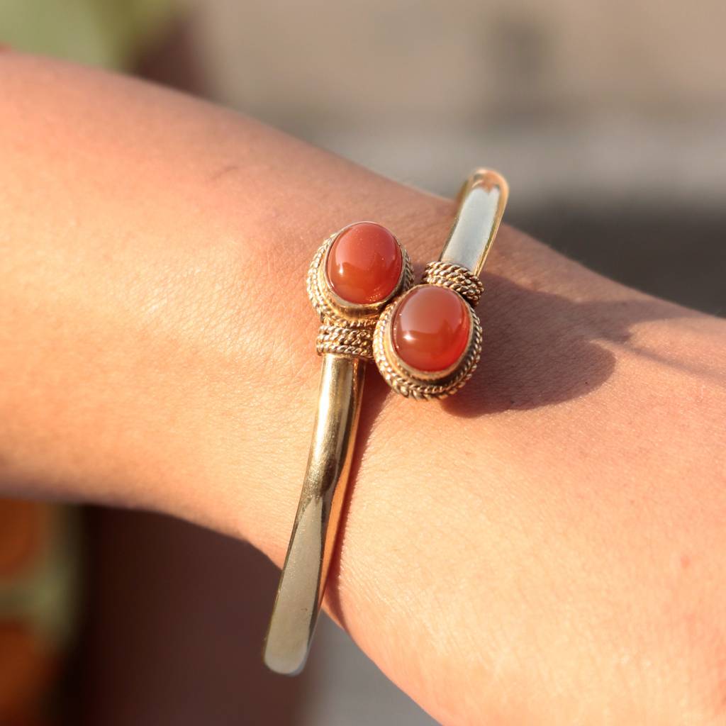 925 Sterling Silver Gold Plated Carnelian Bangle | Handcrafted Orange Gemstone Jewelry | Boho & Elegant Bracelet : FU-0988