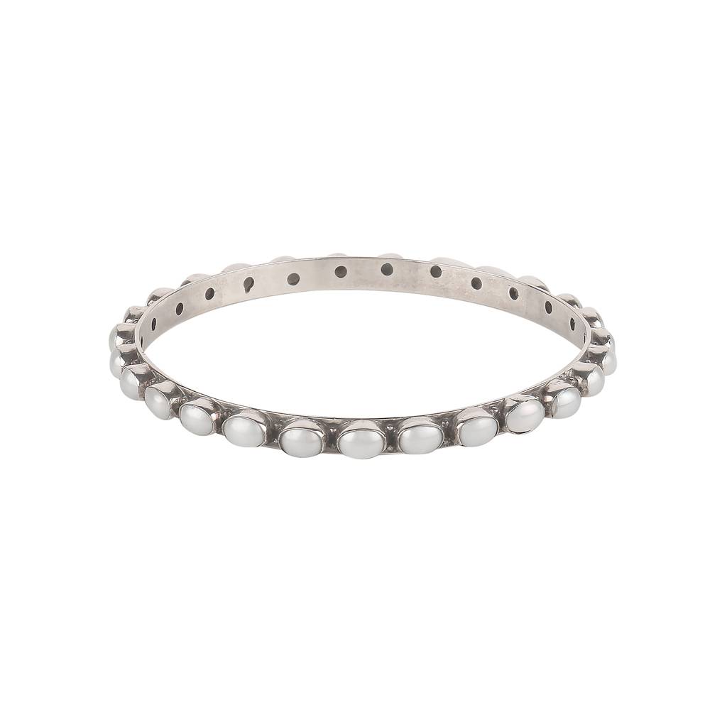 925 Sterling Silver Pearl Bangle | Classic White Stone Jewelry | Elegant Bracelet For Women & Girls : FU-0991