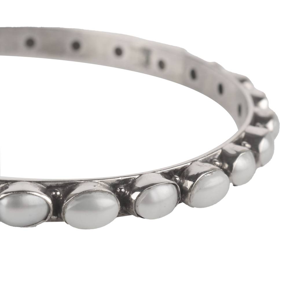 925 Sterling Silver Pearl Bangle | Classic White Stone Jewelry | Elegant Bracelet For Women & Girls : FU-0991