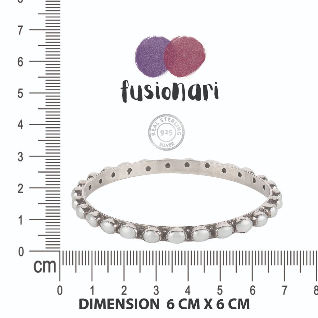 925 Sterling Silver Pearl Bangle | Classic White Stone Jewelry | Elegant Bracelet For Women & Girls : FU-0991