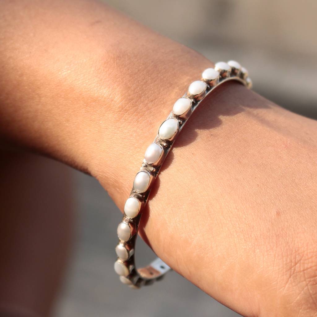925 Sterling Silver Pearl Bangle | Classic White Stone Jewelry | Elegant Bracelet For Women & Girls : FU-0991