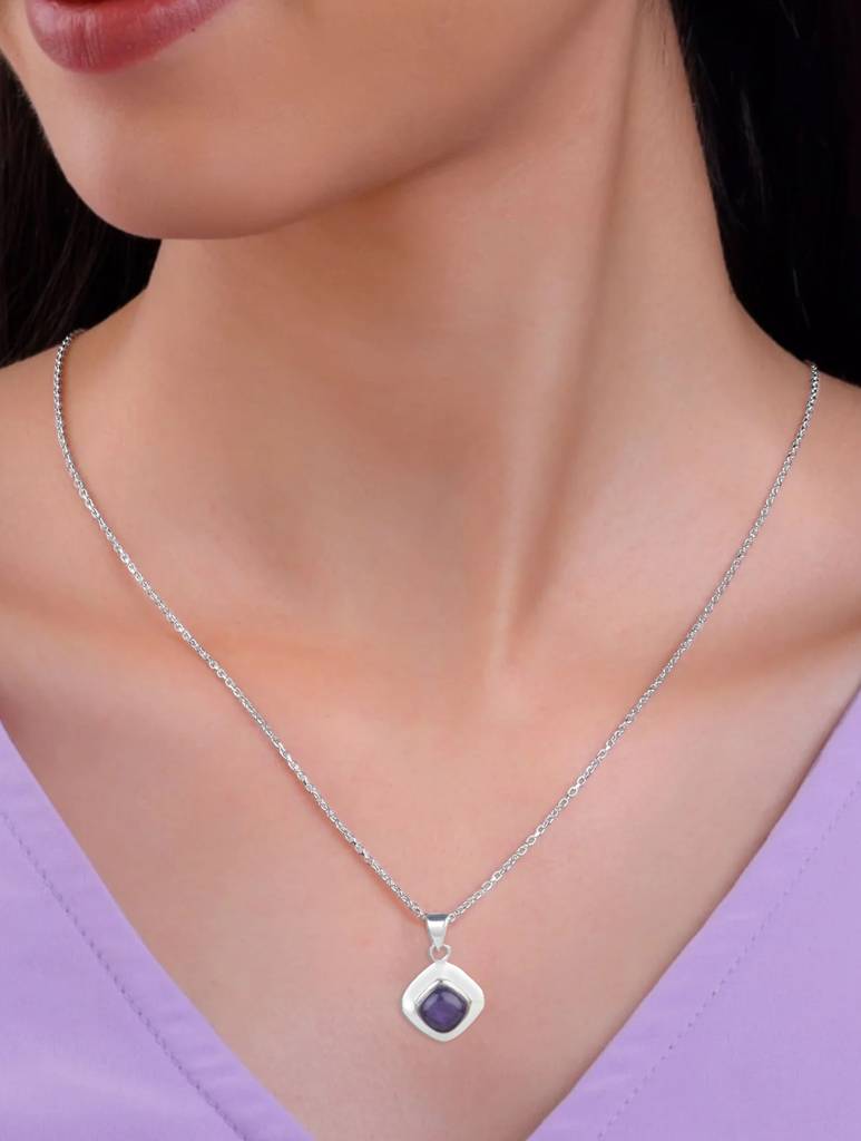 925 Sterling Silver Amethyst Pendant With Chain For - Women | Gemstone Pendant | Handmade Silver Jewelry | Elegant : FU-1125-C