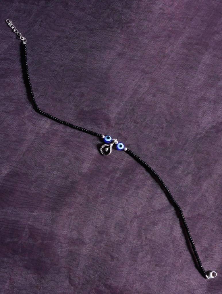 925 Sterling Silver Black Beads Evil Eye Anklet With Shell Charm : ARSA43