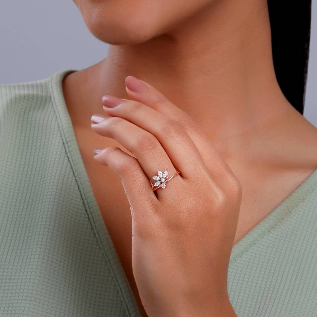 14K Rose Gold Floral Glam Lab Grown Diamond Ring|With Certificate Of Authenticity & Bis-Hallmarked Gold Jewellery : GDLBBR072