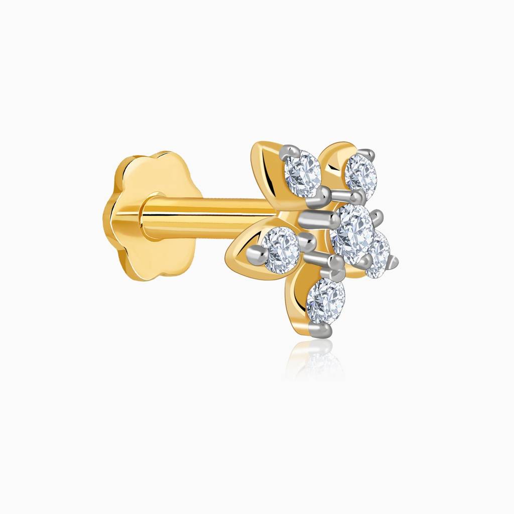 14K Gold Floral Charm Lab Grown Diamond Nosepin|With Certificate Of Authenticity & Bis-Hallmarked Gold Jewellery : GDLNP0110