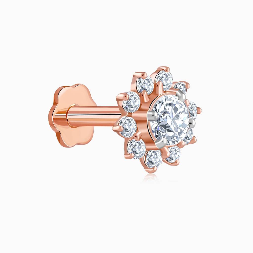 18K Rose Gold Sunstar Lab Grown Diamond Nose Pin|With Certificate Of Authenticity & Bis-Hallmarked Gold Jewellery : GDLNP0118