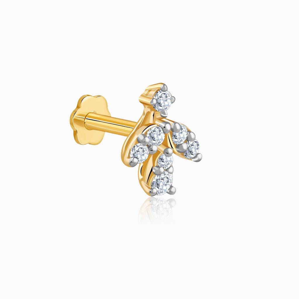 18K Gold Lushleaf Lab Grown Diamond Nose Pin|With Certificate Of Authenticity & Bis-Hallmarked Gold Jewellery : GDLNP0122