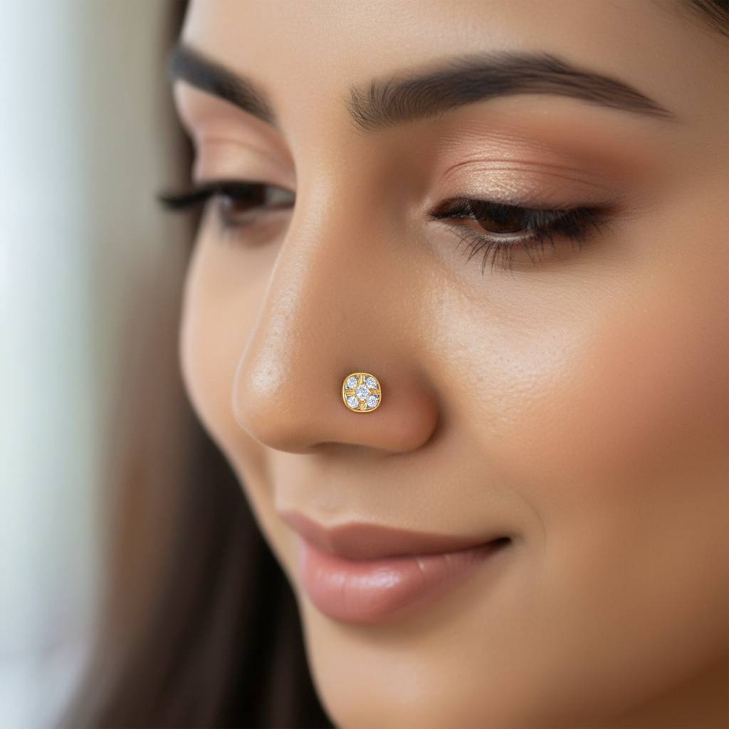 18K Gold Quartet Glow Lab Grown Diamond Nose Pin|With Certificate Of Authenticity & Bis-Hallmarked Gold Jewellery : GDLNP0157
