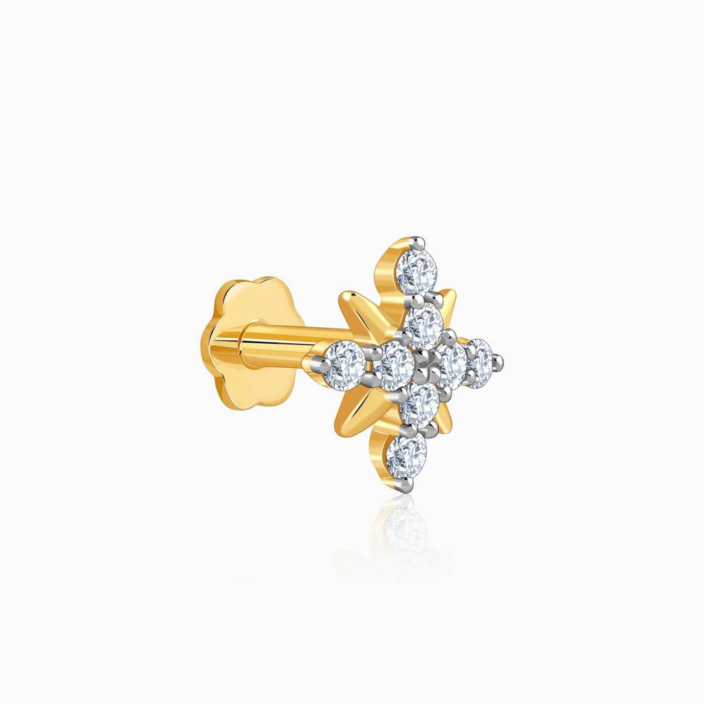 18K Gold Bold Slash Lab Grown Diamond Nosepin|With Certificate Of Authenticity & Bis-Hallmarked Gold Jewellery : GDLNP0163