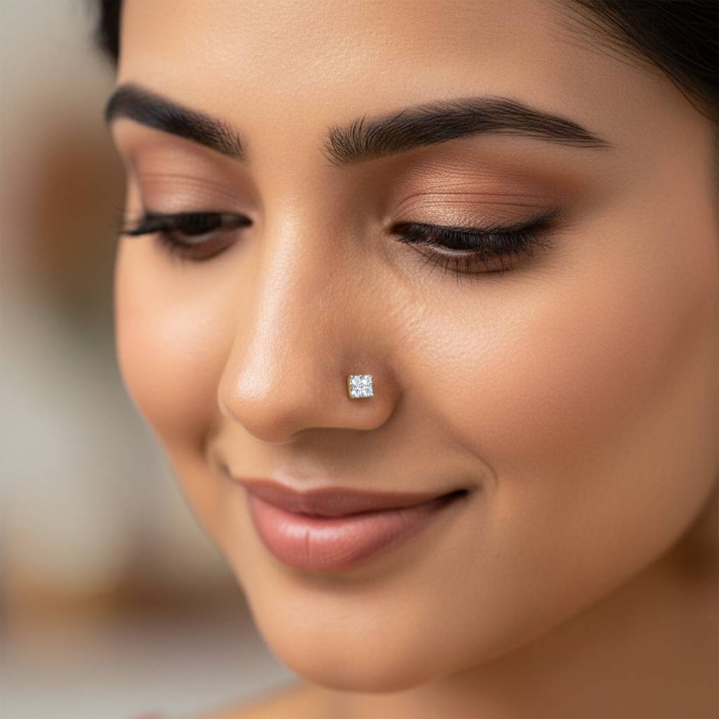 18K Gold Glittering Cube Lab Grown Diamond Nose Pin|With Certificate Of Authenticity & Bis-Hallmarked Gold Jewellery : GDLNP0174