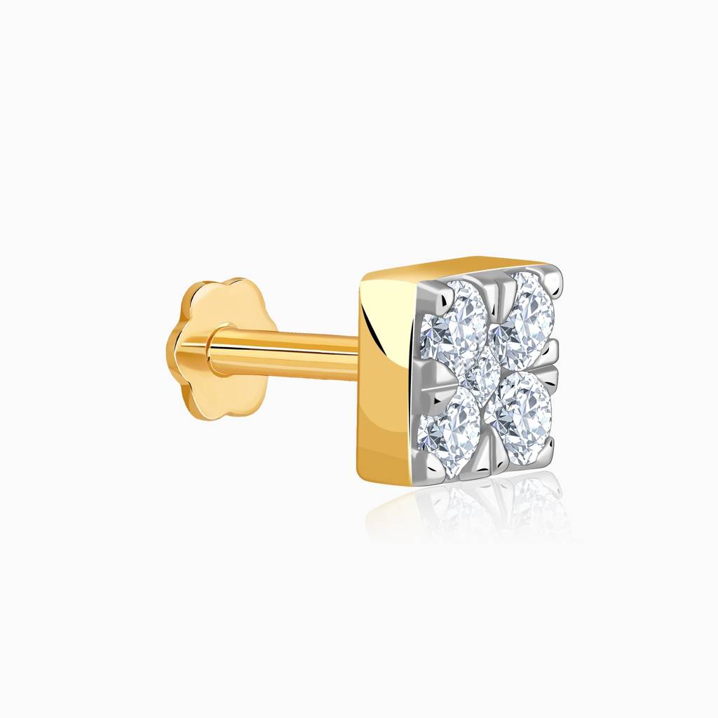 18K Gold Glittering Cube Lab Grown Diamond Nose Pin|With Certificate Of Authenticity & Bis-Hallmarked Gold Jewellery : GDLNP0174