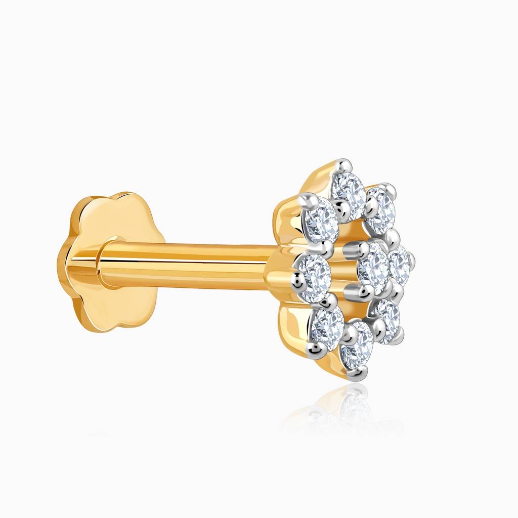 18K Gold Blomst Diamond Nose Pin|With Certificate Of Authenticity & Bis-Hallmarked Gold Jewellery : GDLNP081