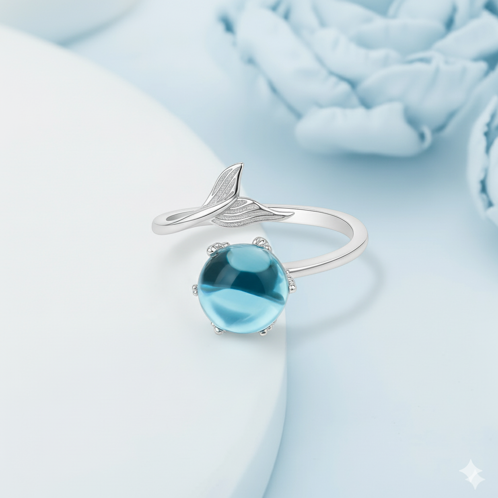 925 Silver Blue Crystal Mermaid Stone Ring | Ocean-Inspired 925 Silver Ring For Women | Dazzling Blue Gem Ring : S-R-RNP-028