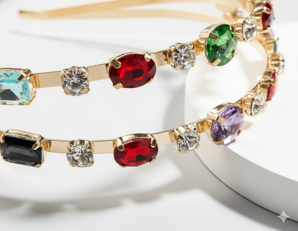 Gold Crystal Rhinestone Double Layer Hairband For Women | Elegant Wedding Party Headband With Multicolor Stones : M4SK-A13